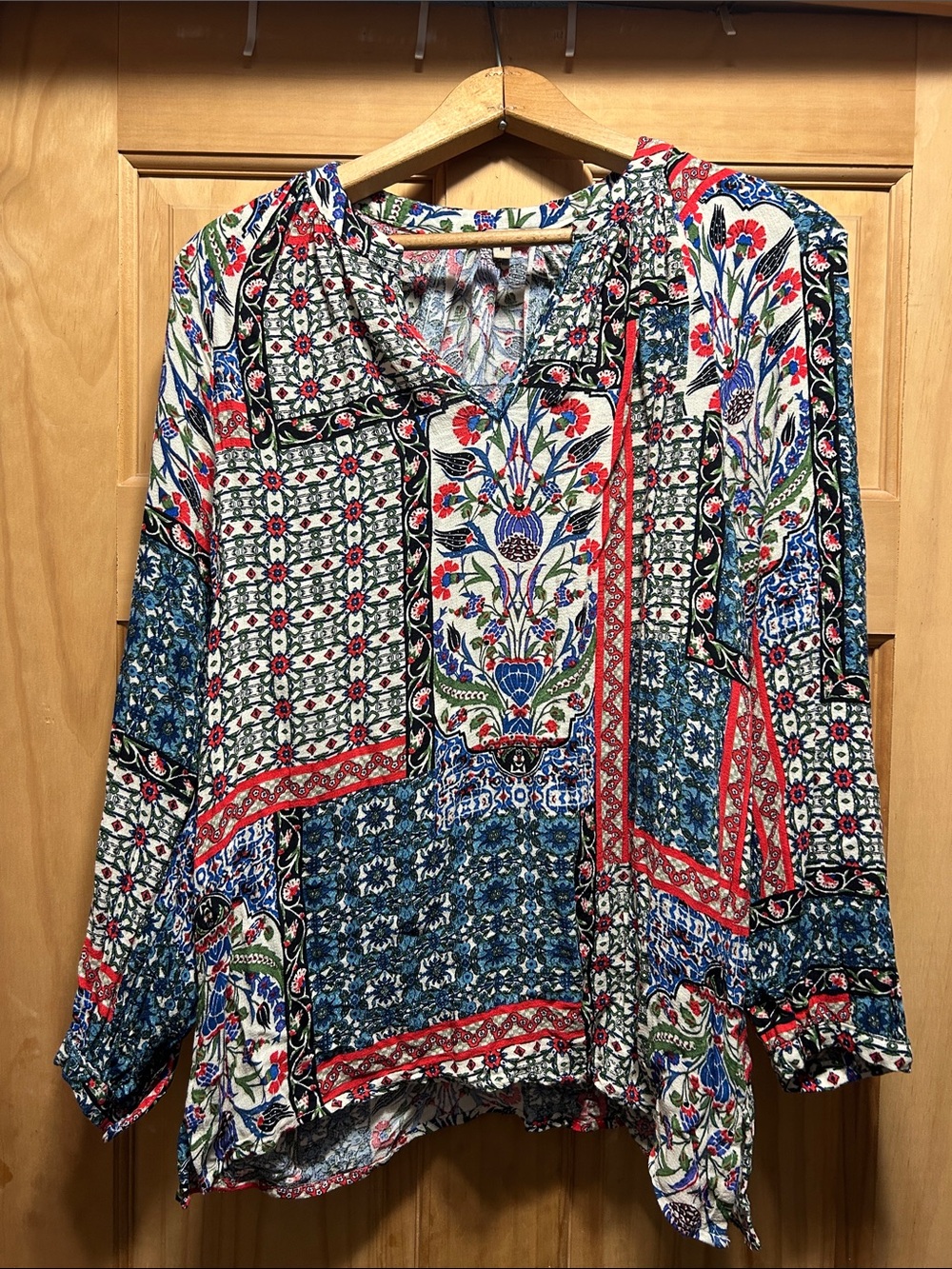 Bohemian Patchwork Long-Sleeve Tunic Top - Red & Blue